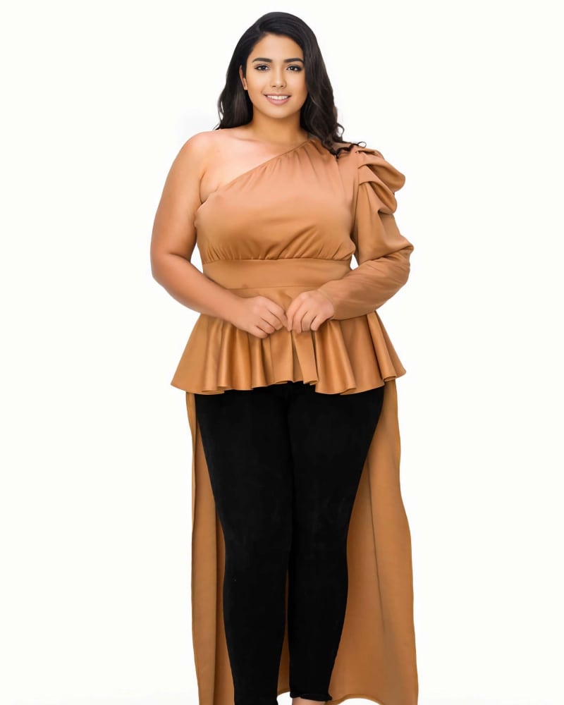 Front of a model wearing a size 2X Nicolette One Shoulder Peplum Top in Camel by L I V D. | dia_product_style_image_id:315168